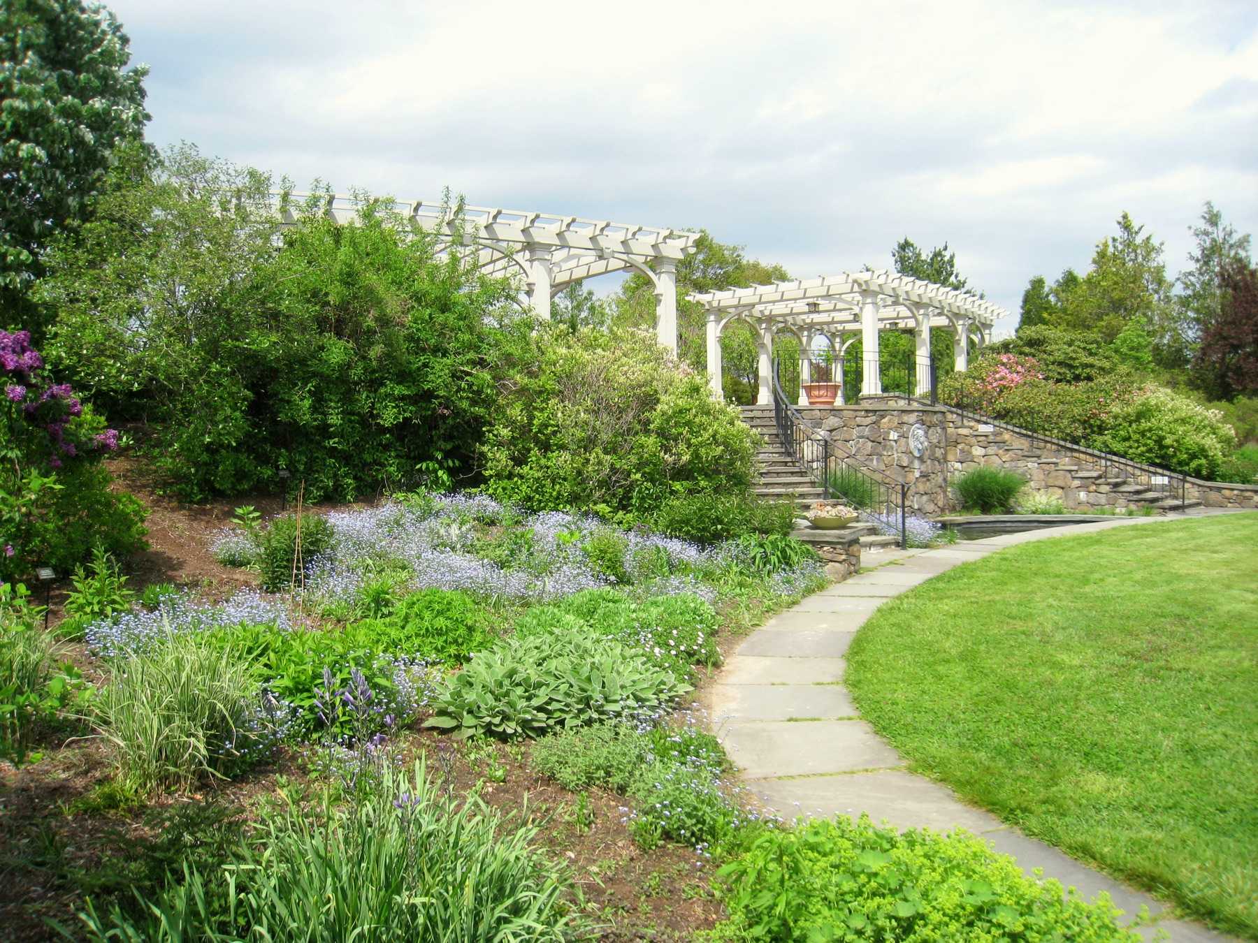 Glooiende tuin met een gebogen stenen pad, bloeiende borders en een witte pergola